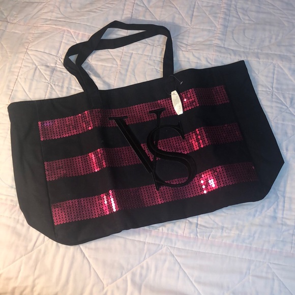 Victoria's Secret Handbags - VS tote overnight bag NWT black & Pink w sequins